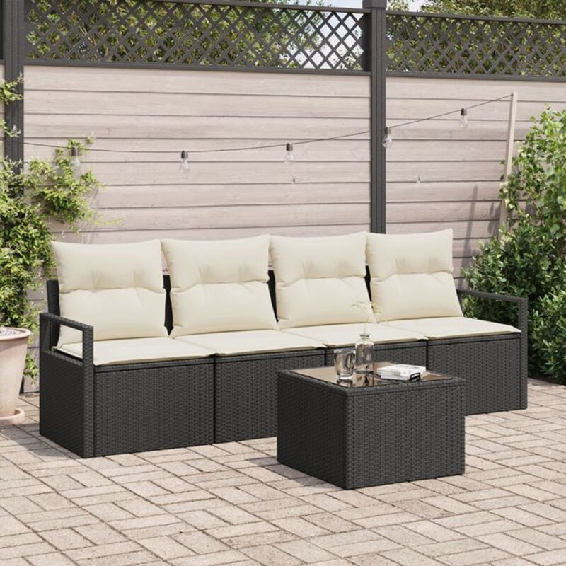 vidaxl Polyrattan Garten-Sofa-Set aus 5 Teilen in Schwarz und Creme, modernes modulares Loungemöbel-Set aus Stahl, B/T/H: 55 x 55 x 37 cm - Bild 1