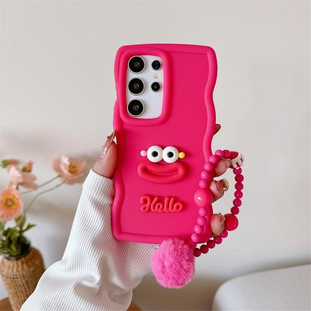 Süße Cartoon Handyhülle mit Handgelenkkette und Wellen-Design für Samsung Galaxy S25 S24 S23 S22 S21 Ultra Plus FE A55 A54 A35 A16 A15 in Pink - Bild 1
