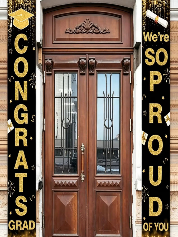 OURFETE Abschlussfeier Türbanner Set, 2 Stück Gold, Congrats Grad Partydeko zum Aufhängen, B/H: 30 x 180 cm - Bild 6