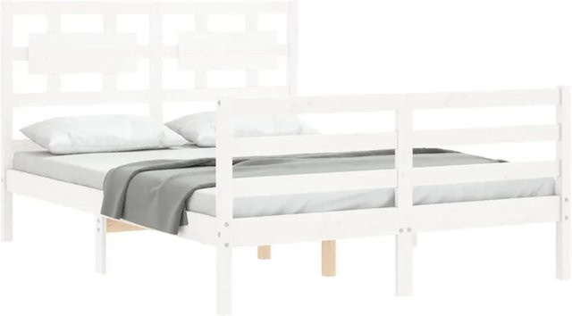 vidaXL Massivholzbett aus Kiefernholz mit Kopfteil in Weiß, rustikale Optik, B/T/H: 120 x 200 x 125,5 cm - Bild 1