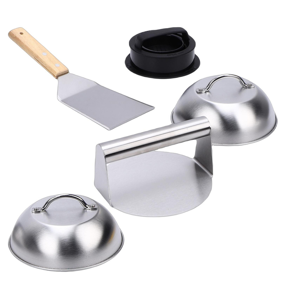 Musysh BBQ Grillset aus Edelstahl mit Holzgriff in Silber, bestehend aus Käseschmelzkappe, Wender und Hackschaber - Bild 2