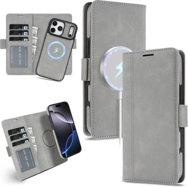 2-in-1 MagSafe Flip Leder Handyhülle mit Kartenhalter für Apple iPhone in Grau - Bild 1