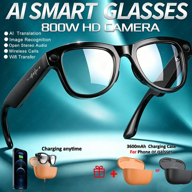BCall Smart Sonnenbrille mit 4K HD Kamera und KI-Übersetzungsfunktion, 800W, inklusive 3600mAh Ladecase, in Schwarz oder Rot - Bild 1