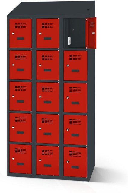 rotstahl Fächerschrank mit 15 Fächern und Ladefunktion, Farbe Rot mit anthrazitgrauem Korpus, B: 120 cm, H: 200 cm - Bild 1