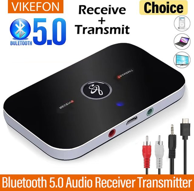 VIKEFON Bluetooth 5.0 Audio Receiver und Sender in Schwarz mit 3,5mm AUX Jack und 300mAh Akku für TV, Auto, PC und Kopfhörer - Bild 1