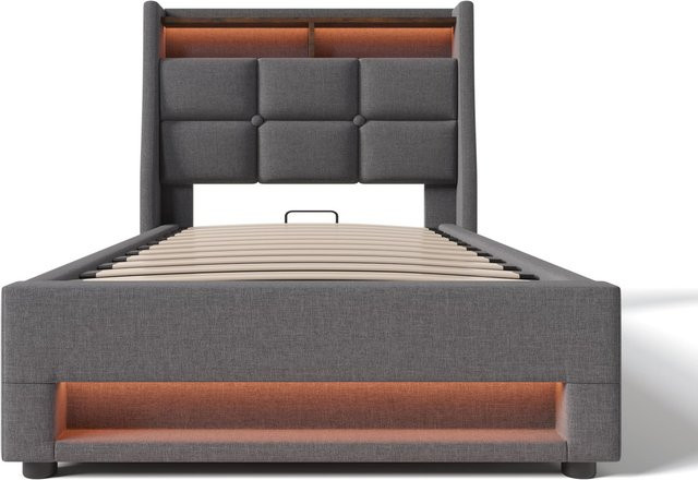 AB Store Polsterbett in Grau mit USB-Ladeport, Unterbettbeleuchtung und Stauraum durch Lift-up-Base, H x B x T: 210 x 95 x 117 cm - Bild 1