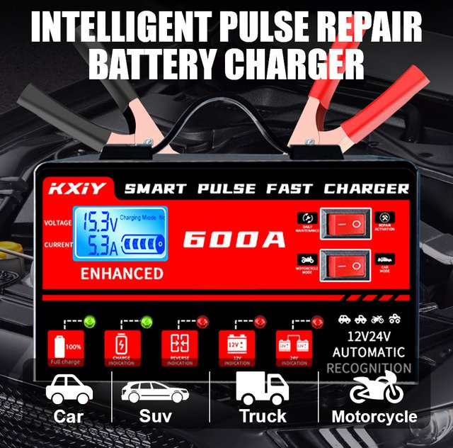 Intelligentes 12V 600A Auto Batterie Ladegerät mit Digital LCD Display, Puls Reparatur und automatischer Temperaturerkennung, Farbe: Rot - Bild 1