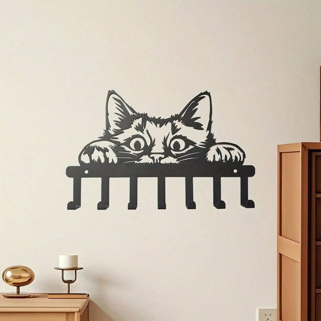 HELLOYOUNG Katzen-Schlüsselhalter aus rostfreiem Metall im Vintage-Design für die Wandmontage, Schwarz oder Silber - Bild 1
