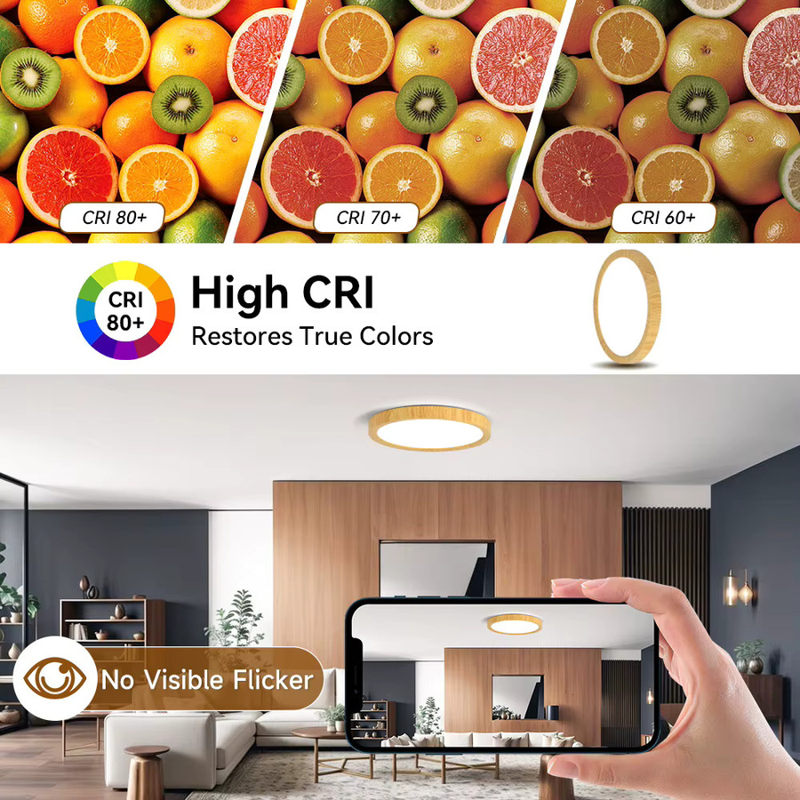 CANMEIJIA Ultradünne LED-Deckenleuchte in Holzoptik, dimmbar, dreifarbiges Licht, modernes Panel-Design für Wohnzimmer, Schlafzimmer und Küche, Farbe: Braun/Holz - Bild 3