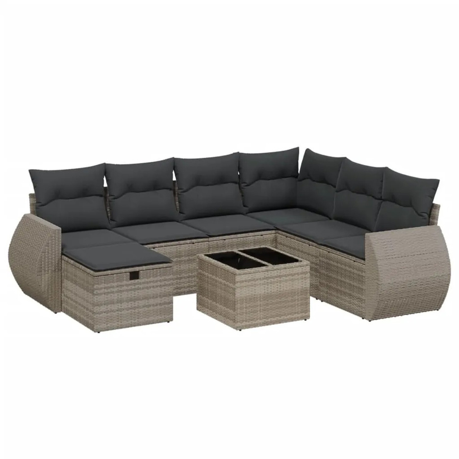 vidaXL 8-teilige Garten-Sofagarnitur in L-Form mit Kissen und Couchtisch, Hellgrau, Poly Rattan und Metallgestell - Bild 2