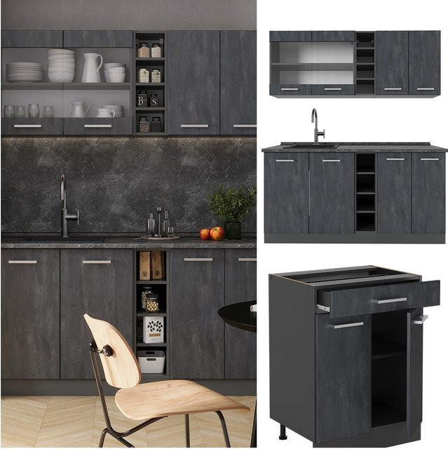 Vicco R-Line Singleküche in Schwarz Beton und Anthrazit, Breite: 160 cm, ohne Arbeitsplatte - Bild 1