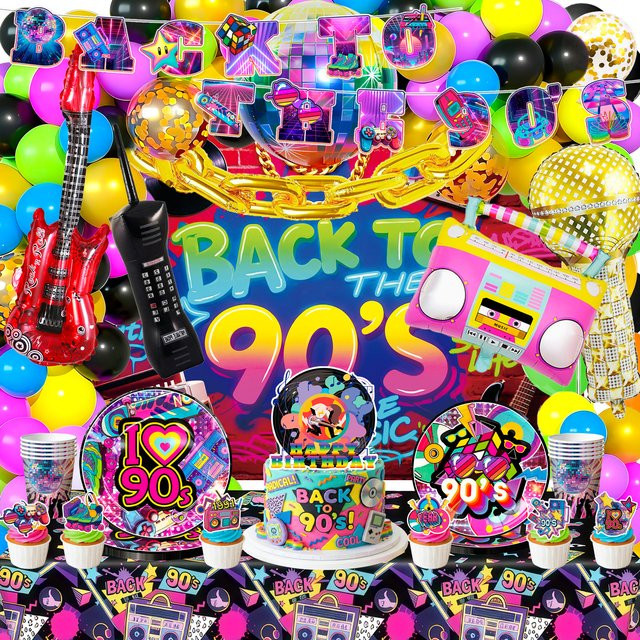 Potdemiel 128-teiliges 90er-Jahre Geburtstags-Dekorationsset in Multicolour mit Party-Banner, Luftballons, Kuchendekoration, Tellern und Servietten aus Papier im Retro-Stil - Bild 1