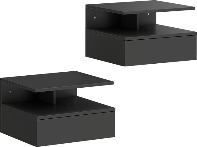 Aosom Set mit 2 schwebenden Nachttischen mit Schublade, modern, Schwarz, B/T/H: 35 x 32 x 22,5 cm - Bild 1