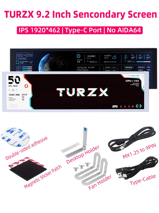 TURZX 9,2 Zoll USB-Sekundärbildschirm für Computergehäuse mit IPS LCD und Typ-C-Anschluss in Weiß zur Anzeige von CPU, RAM, GPU, HDD, FPS und Wetter - Bild 4