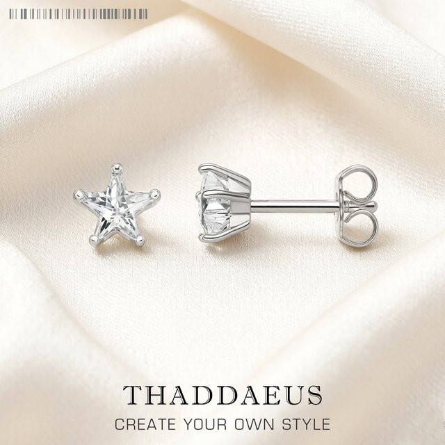 Ohrstecker Thaddaeus, 925 Sterlingsilber, weißer Zirkon, Pentagramm, Damen - Bild 1