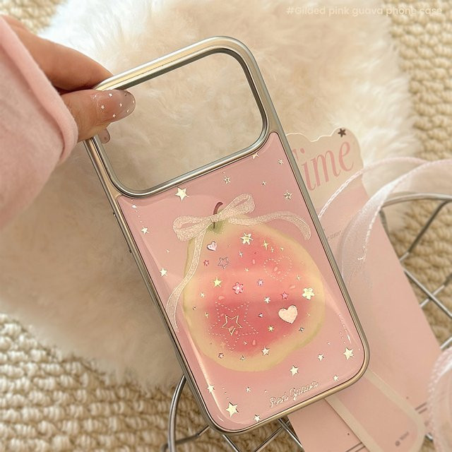 Koreanische Cartoon-Guava-Bogen-Handyhülle mit silberner Kantenbeschichtung für Apple iPhone 17 Air 16 15 14 13 12 Pro Max, stoßfeste Hartschale, Farbe: Pink/Silber - Bild 1