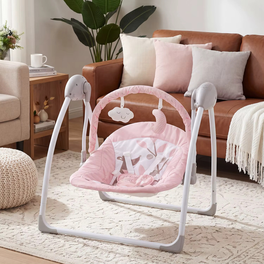 Elektrische Baby-Schaukel mit Musik, zusammenklappbar, für Babys von 0–9 Monaten (2,7–9 kg), Rosa/Grau - Bild 3