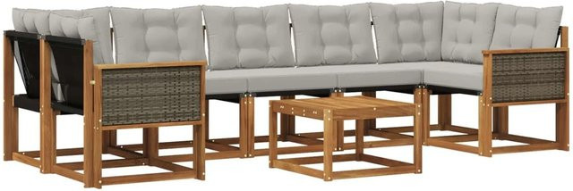 vidaXL Outdoor-Sofagarnitur L-Form aus Akazienholz mit 8 Kissen in Natur und Grau - Bild 1