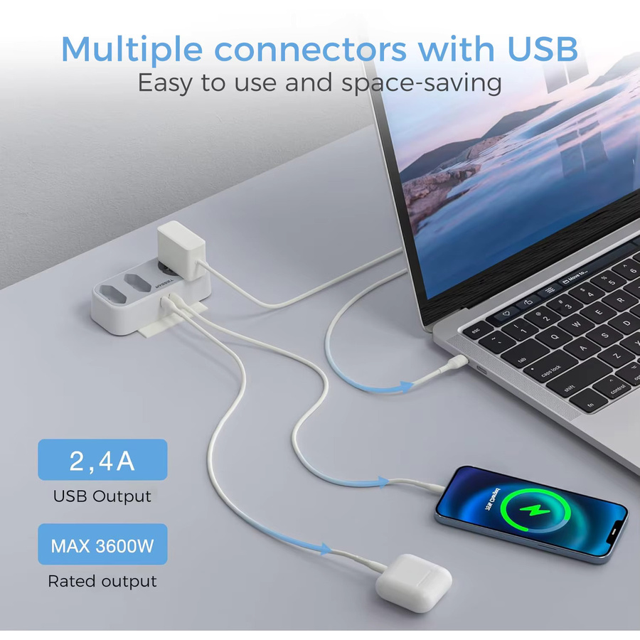 TESSAN Multi-Wandsteckdosen-Extender in Weiß mit 2 USB-Anschlüssen, 2 Euro-Steckdosen und 1 Schuko-Steckdose - Bild 2