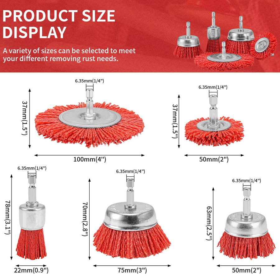 NuoDun 5-teiliges Nylon-Filament-Schleifbürsten-Set mit sechseckigem Griff zur Entfernung von Rost, Korrosion und Farbe in Rot - Bild 2