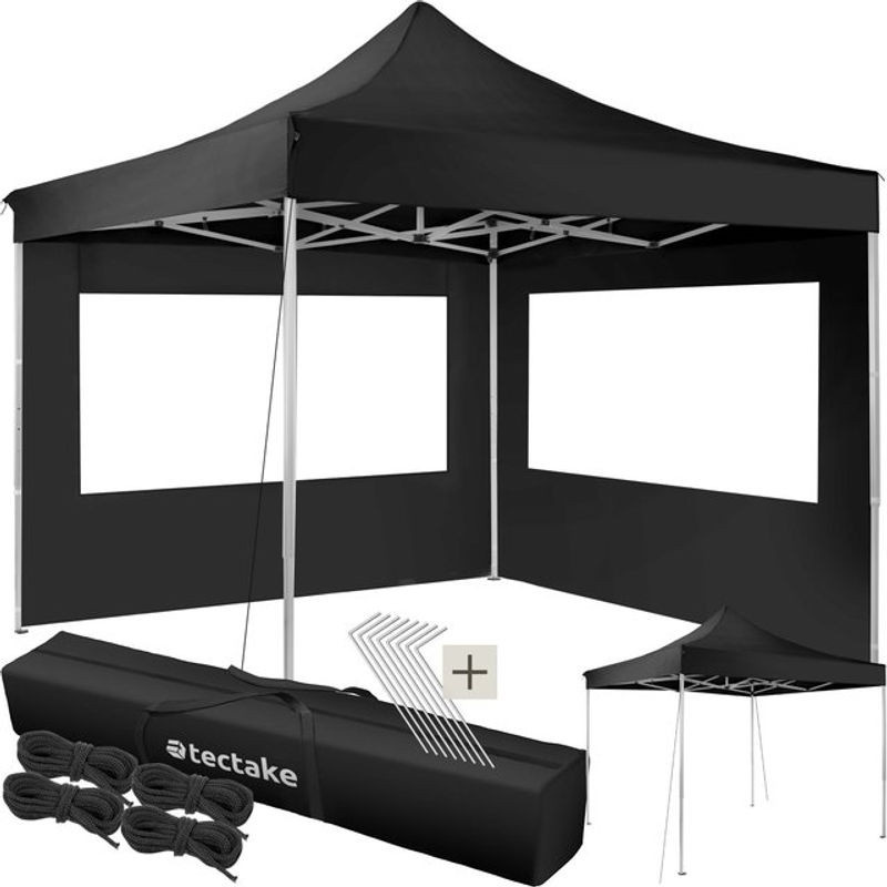 tectake Aluminium Pavillon Schwarz, 3 x 3 m, faltbar und höhenverstellbar, inklusive Spannseilen, Heringen und Tragetasche - Bild 1