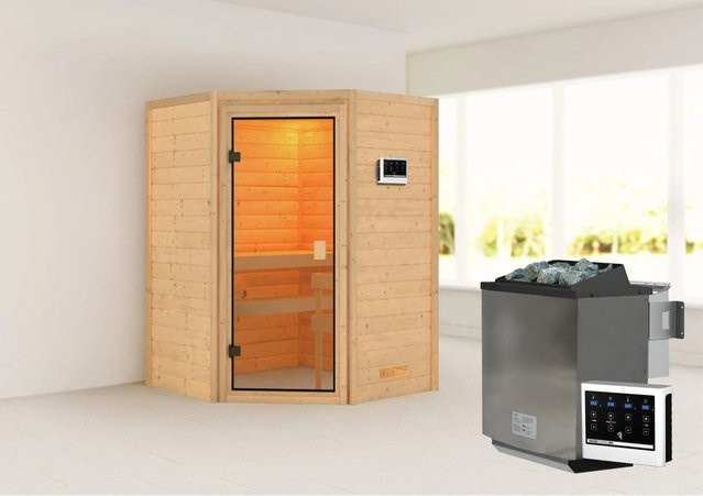 Woodfeeling Massivholzsauna Antonia in Braun/Bronze mit 9 kW BioKombiofen und externem Steuergerät, B/T/H: 145 x 145 x 187 cm - Bild 1