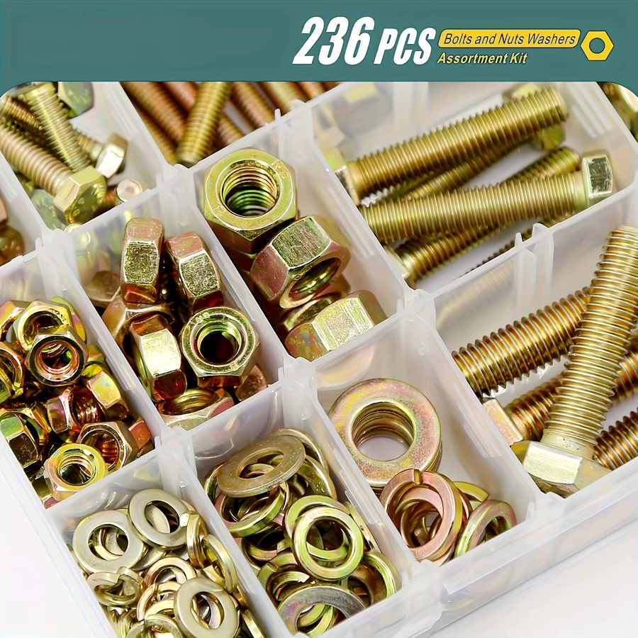 Zimir 236-teiliges Schrauben- und Muttern-Sortiment aus legiertem Stahl Güteklasse 8.8 mit Sechskantschrauben, Muttern und Unterlegscheiben in Gold - Bild 3
