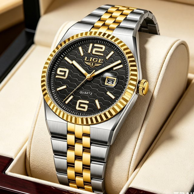 LIGE Armbanduhr Edelstahl, Quarz, Schwarz, Orange, Herren - Bild 1
