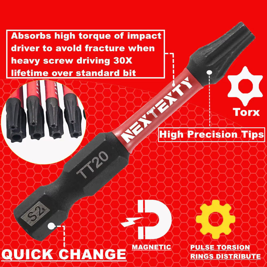 NEXTEXTY Torx-Schraubendreher-Bit-Set aus S2-Stahl in Schwarz mit Aufbewahrungsbox, magnetischer Sechskantschaft und Größen T7-T40 - Bild 2