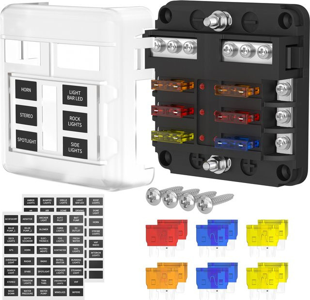 Daiertek 6-Wege Sicherungsblock mit LED-Anzeigeleuchte für 12V und 24V, Wasserdichtes Sicherungskasten-Panel für ATO/ATC Marine-Sicherungen in Schwarz - Bild 1