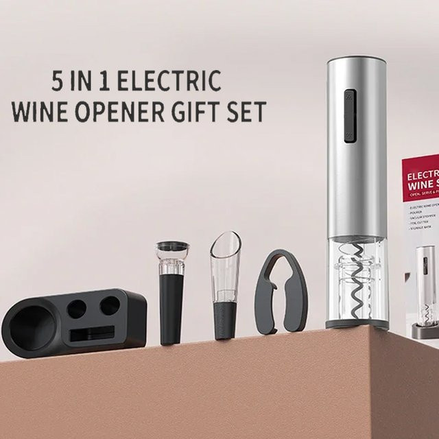Venlohome Elektrischer Weinöffner Set in Weiß und Silber aus Edelstahl mit Weinstopfen, Ausgießer und Folienschneider - Bild 1