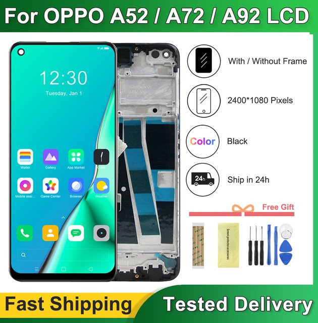 Oppo LCD-Touchscreen Ersatzdisplay mit Rahmen für A92 A72 A52 in Schwarz, 6.5 Zoll, Modell CPH2059 CPH2061 CPH2069 CPH2067 - Bild 1