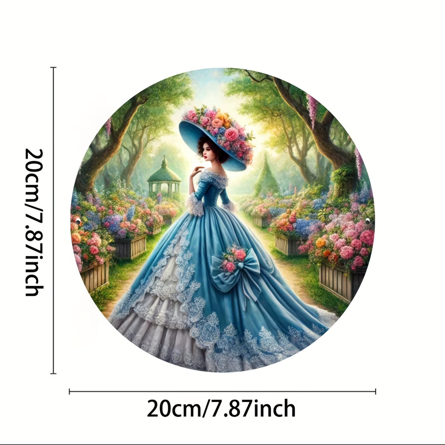 Potdemiel Metallwandkunst Viktorianisches blaues Kleid mit Blumenmuster, rundes Aluminiumschild, Durchmesser: 20 cm - Bild 5