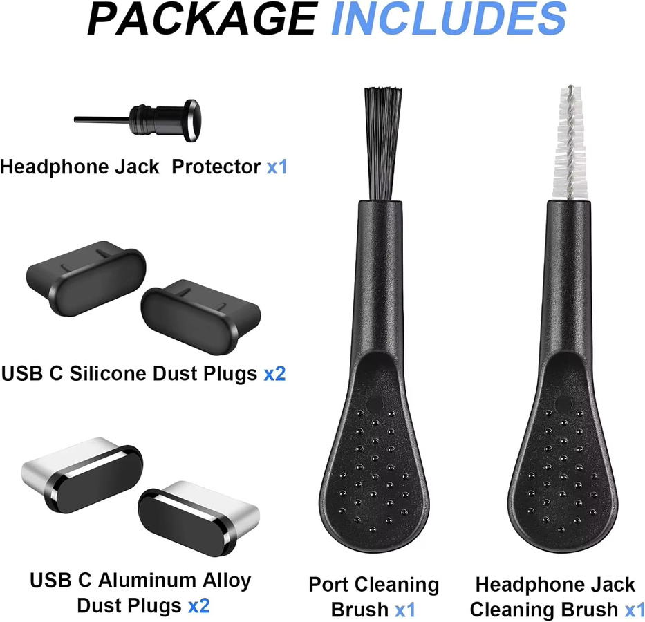 4er-Set USB-C Staubstecker-Abdeckungen in Schwarz mit Reinigungssatz für iPhone 15 und 16 Serie - Bild 4
