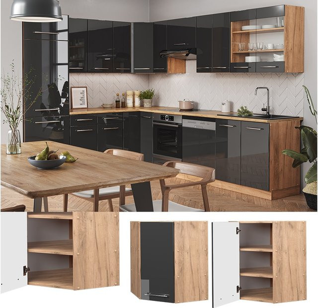 Vicco Eckhängeschrank Fame-Line Küchenschrank in Eiche und Anthrazit Hochglanz mit Softclose-Scharnieren, Breite: 57 cm, Höhe: 72 cm, Tiefe: 52 cm - Bild 1