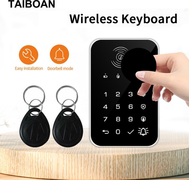 TAIBOAN Drahtlose 433-MHz-Touch-Tastatur mit RFID-Karte, wiederaufladbar, Schwarz, für dein Sicherheitsalarmsystem zum Scharf- und Unscharfschalten - Bild 1