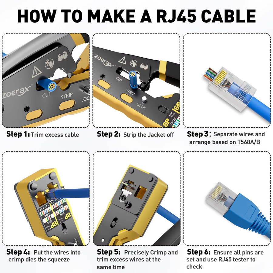 ZoeRax RJ45 Netzwerk-Tool-Kit für Ethernet/LAN mit CAT6-Crimpwerkzeug, 20 Stück CAT6/CAT5-Steckern, Steckerabdeckungen und Mini-Abisolierzange - Bild 4