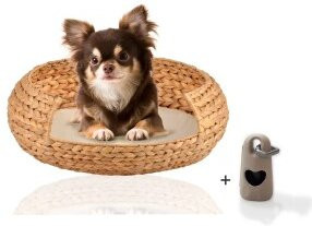 Rohrschneider runder Hundekorb aus geflochtener Wasserhyazinthe in Beige mit abnehmbarem Bezug und erhöhtem Rand - Bild 1