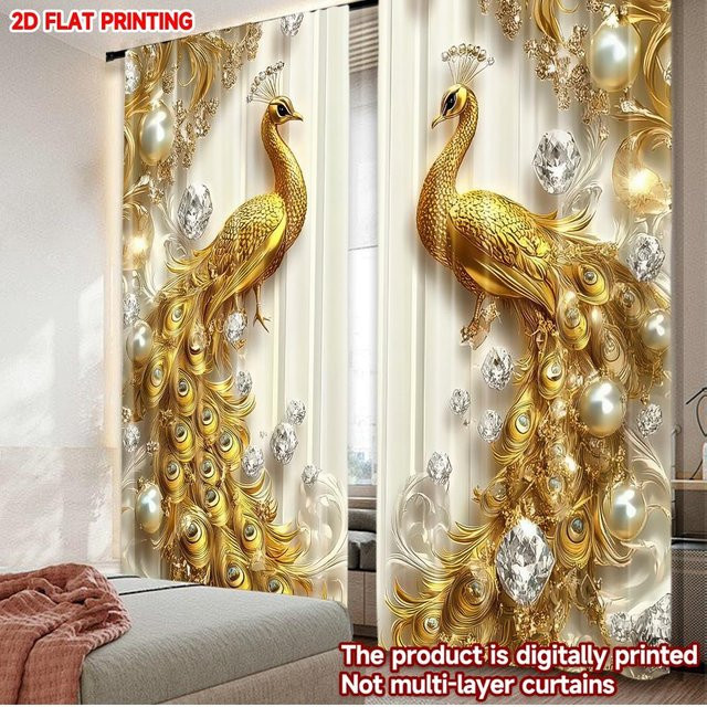 Tonnika Chen Set aus 2 digital bedruckten Polyester-Vorhängen Goldene Eleganz in Gold, B: 100 cm, H: 70 cm - Bild 1