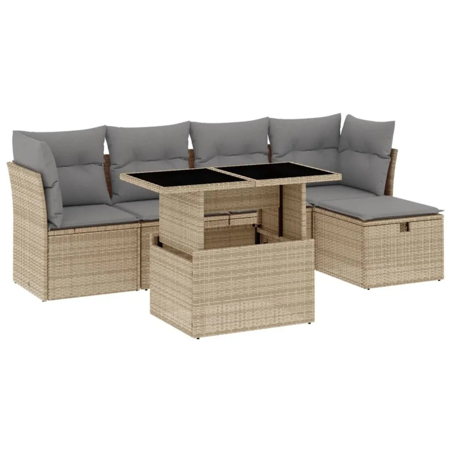 vidaXL 6-tlg Garten-Sofagarnitur in L-Form mit Kissen und Ottoman, Beige, Poly Rattan mit Metallgestell - Bild 2