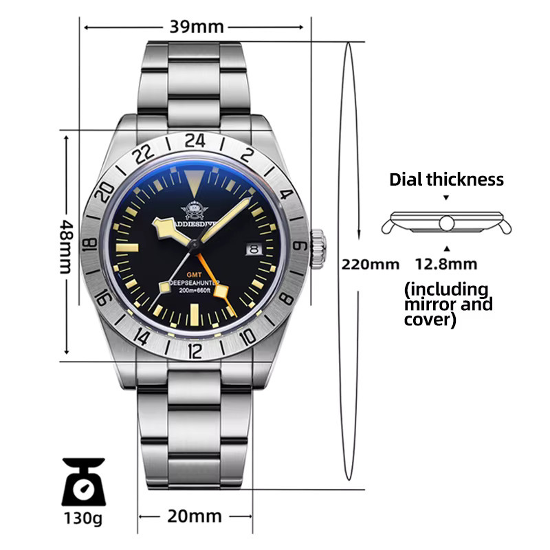ADDIESDIVE Armbanduhr, Edelstahl, GMT, 39 mm, Herren, Schwarz, Silber - Bild 3