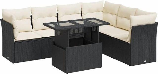 vidaXL 7-teilige Garten-Sofagarnitur in L-Form aus Poly-Rattan in Schwarz mit Kissen und Stauraum - Bild 1