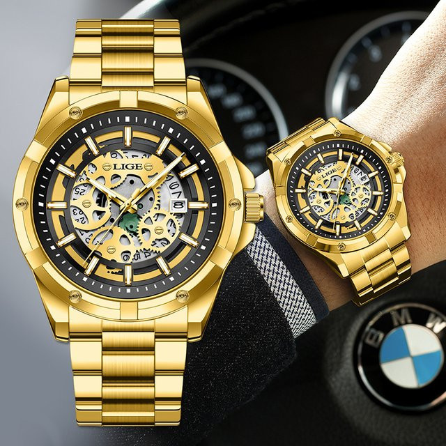 LIGE Armbanduhr, Chronograph, Quarz, Gold, Edelstahl, Herren - Bild 1