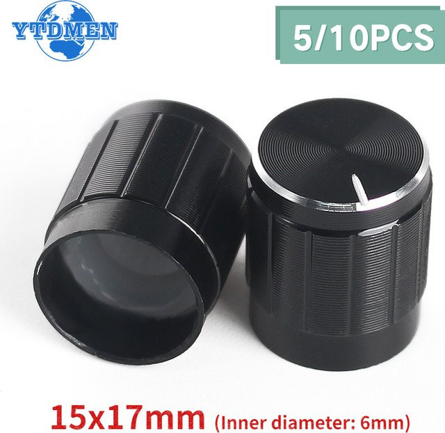 YTDMEN Potentiometer-Knopfkappen aus Aluminiumlegierung in Schwarz, 5 oder 10 Stück, für Drehschalter-Lautstärkeregler, 6 mm Achse, B/T: 15 x 17 mm - Bild 1