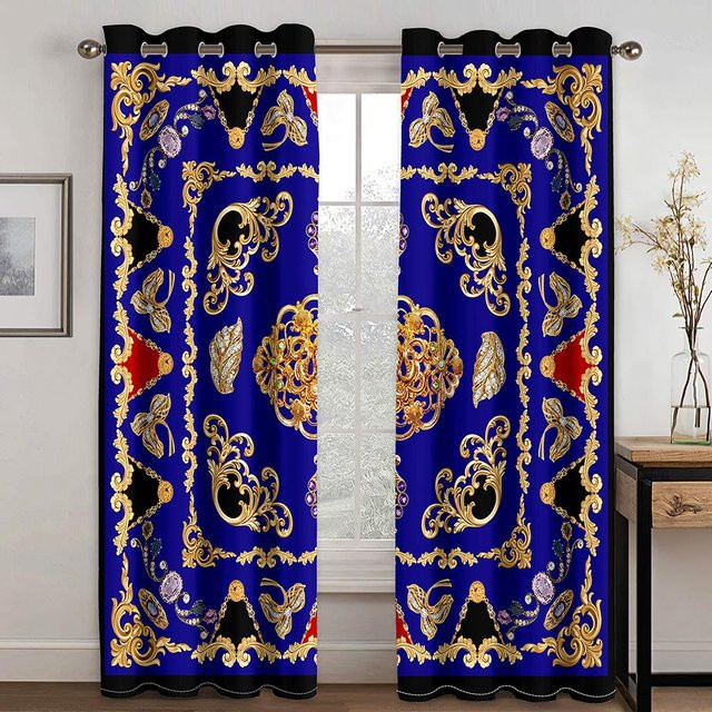 Dekorative 3D Blumen Totem Vorhänge in Gold und Blau, 2er-Set mit Haken, semi-transparent, Breite: 50 cm, Höhe: 130 cm - Bild 1