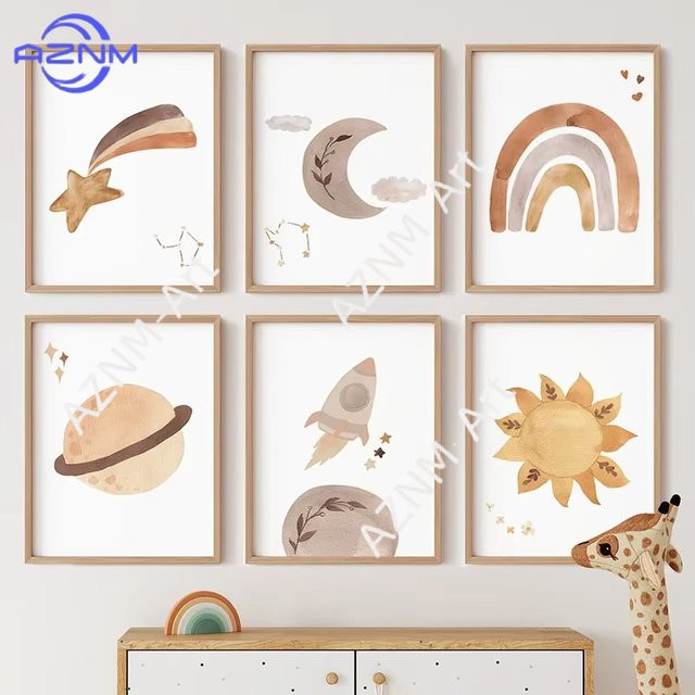 AZNM Wandkunst Leinwanddruck für Kinderzimmer mit Regenbogen, Sonne, Mond, Rakete und Planeten in Mehrfarbig - Bild 1