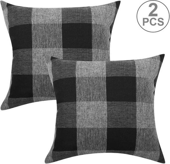 Set aus 2 karierten Kissenbezügen von JMG Clothing aus Baumwolle und Leinen, B/B: 45 x 45 cm, in Schwarz, Weiß, Rot, Grau und Blau - Bild 1