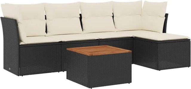 vidaXL 6-teilige Garten-Sofagarnitur aus Poly-Rattan und Akazienholz in Schwarz-Creme mit Kissen - Bild 1