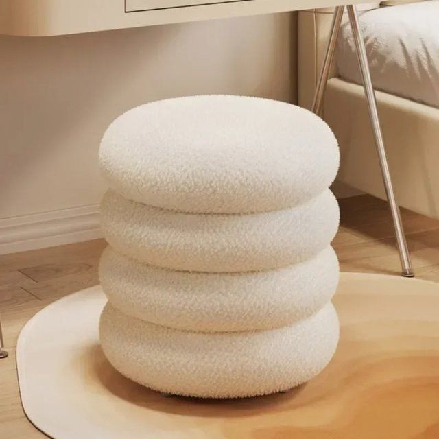 ANENG Lammwoll-Hocker in Creme und Grey, runder minimalistischer Schminkstuhl für das Schlafzimmer - Bild 1