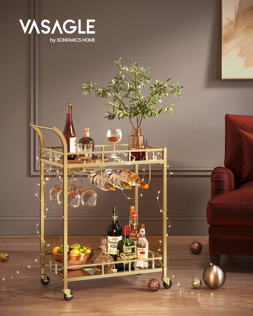 VASAGLE Barwagen mit Gläserhalter und zwei verspiegelten Glasablagen in Gold und Silber für Küche und Esszimmer - Bild 1